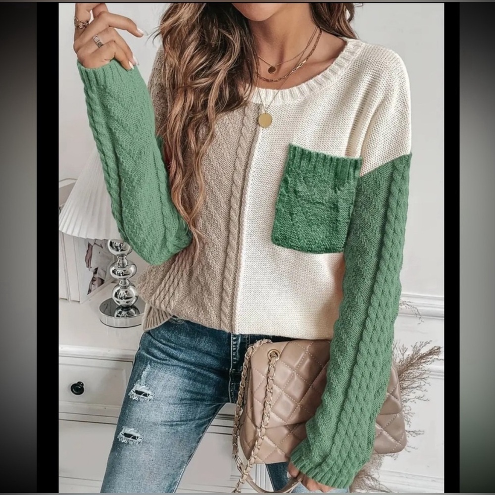 NWOT Boutique Brand Green Knit Ribbed Lightweight Colorblock Sweater